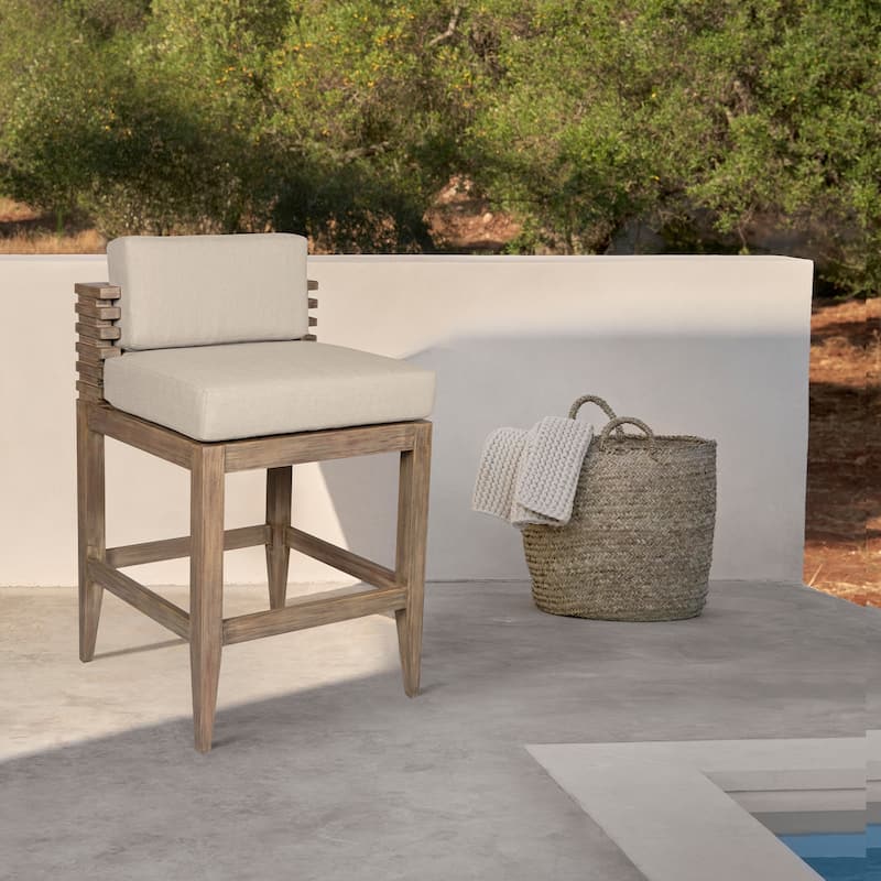 Vivid Solid Eucalyptus Wood Outdoor Patio Counter Height Bar Stool with Olefin Cushions
