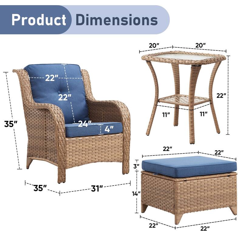 Outdoor Rattan Chair with Coffee Table and Ottoman
