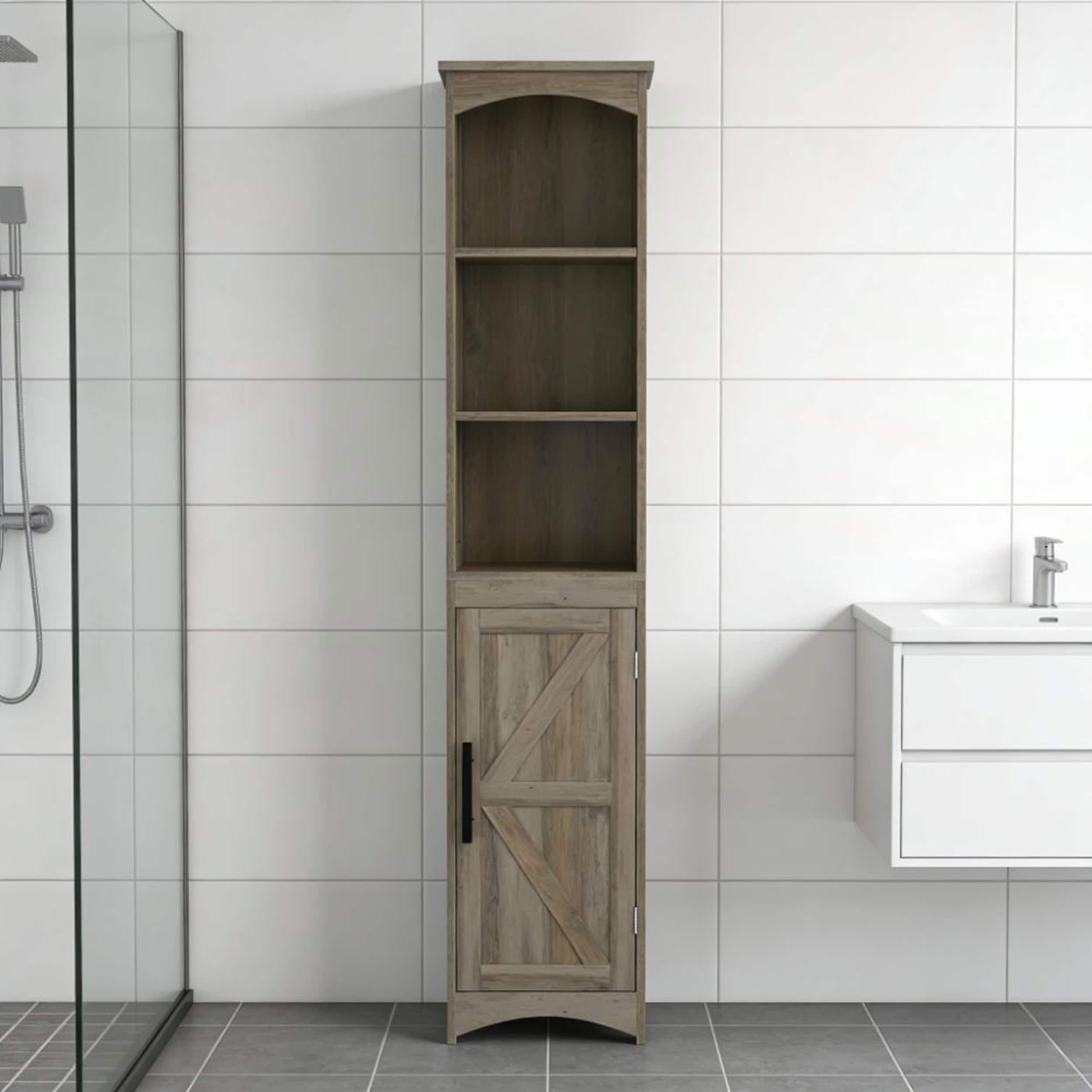 Narrow Tall Slim Bathroom Storage Cabinet with Barn Door and Recessed Drawer for Efficient Organization