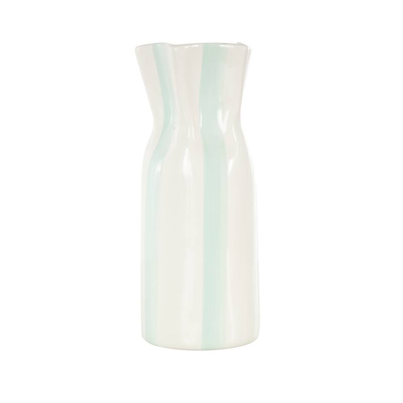 White Ceramic Round Decorative Vase with Light Teal or Red Vertical Stripes