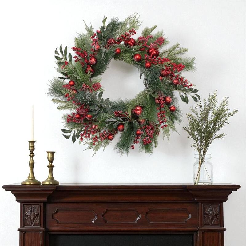 HomeRoots 25" Green And Red Artificial Pine Berries And Ornaments Christmas Wreath - Green/Red - 25.00 in. x 25.00 in.  x 8.50 in.