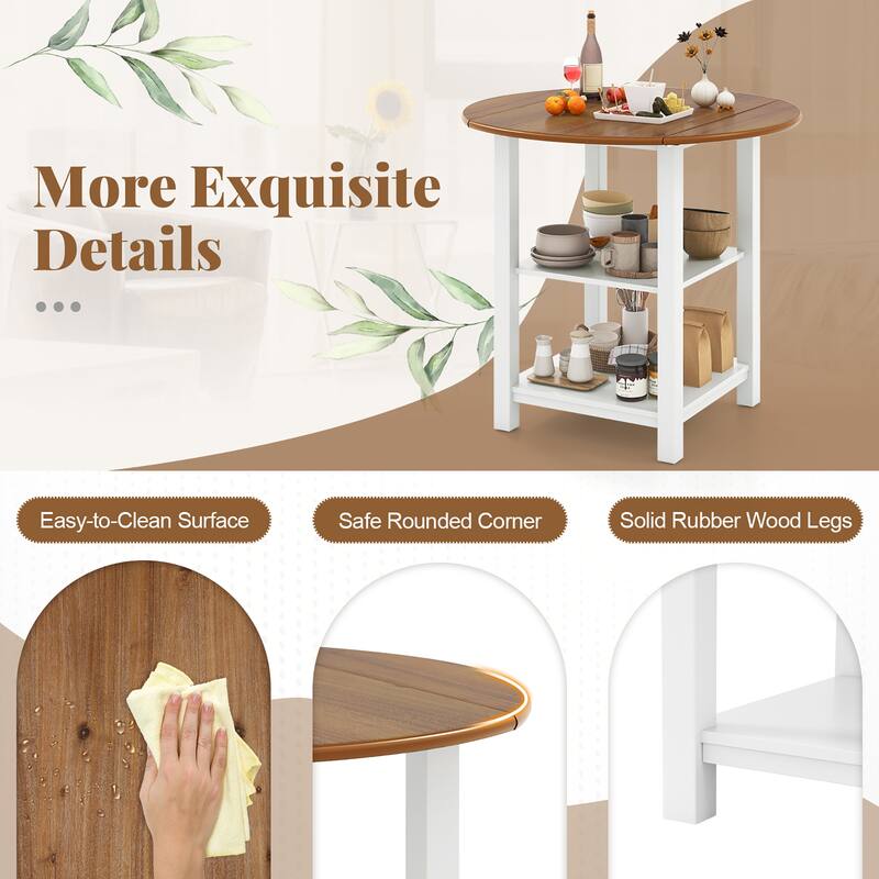 Gymax Folding Round Dining Table Drop Leaf Table w/ 2 Shelves for