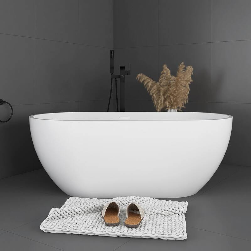59 in. Stone Resin Freestanding Flat-bottom Soaking Bathtub in Matte White - 59" x 22" - Matte White