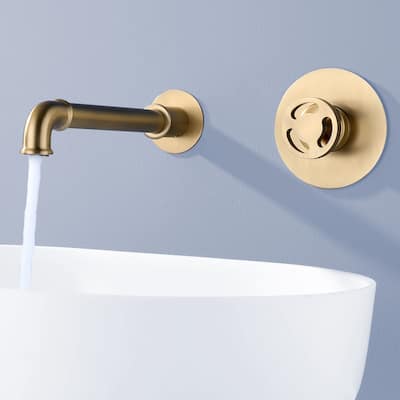 Modern Wall Mounted 2-Hole Bathroom Faucet Widespread with Wheel Handle in Black/Gold