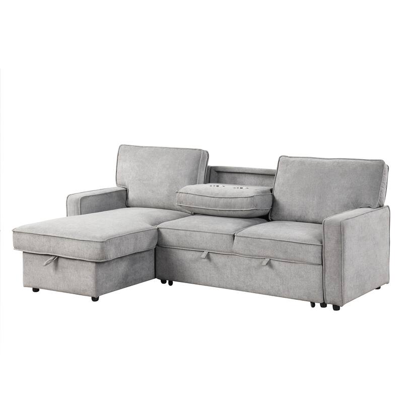Upholstery Sleeper Sectional Sofa with Storage, USB Ports & Cup Holders, Convertible L-Shaped Couch with Chaise