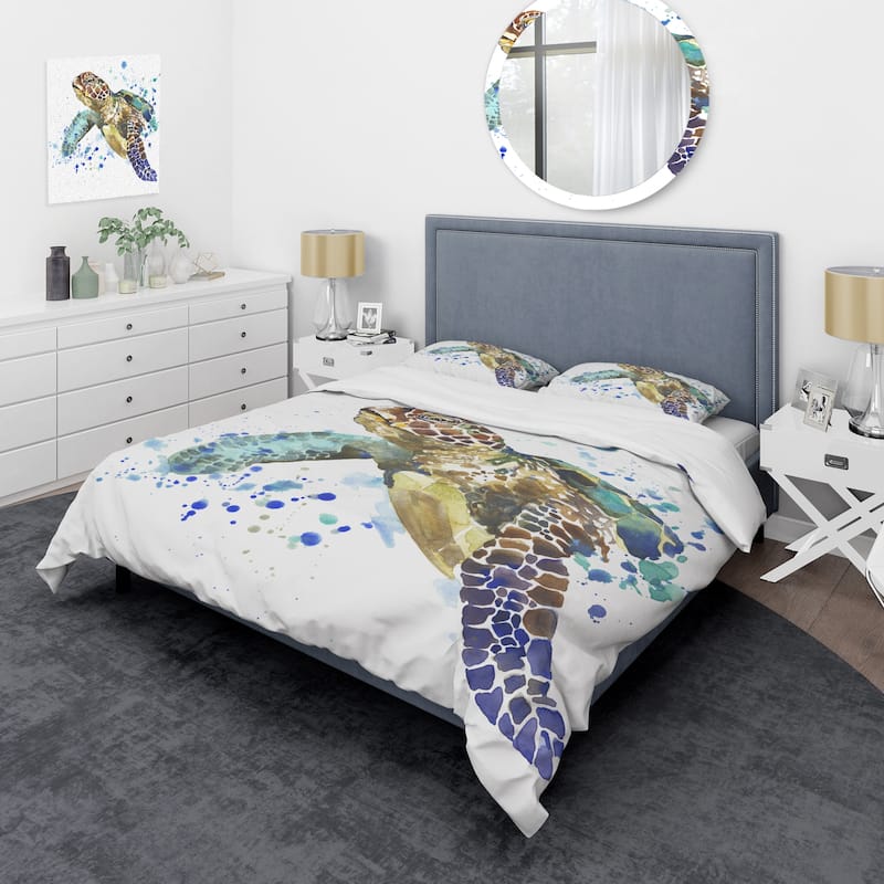 Designart 'Blue Sea Turtle Illustration' Nautical & Coastal Bedding Set - Duvet Cover & Shams