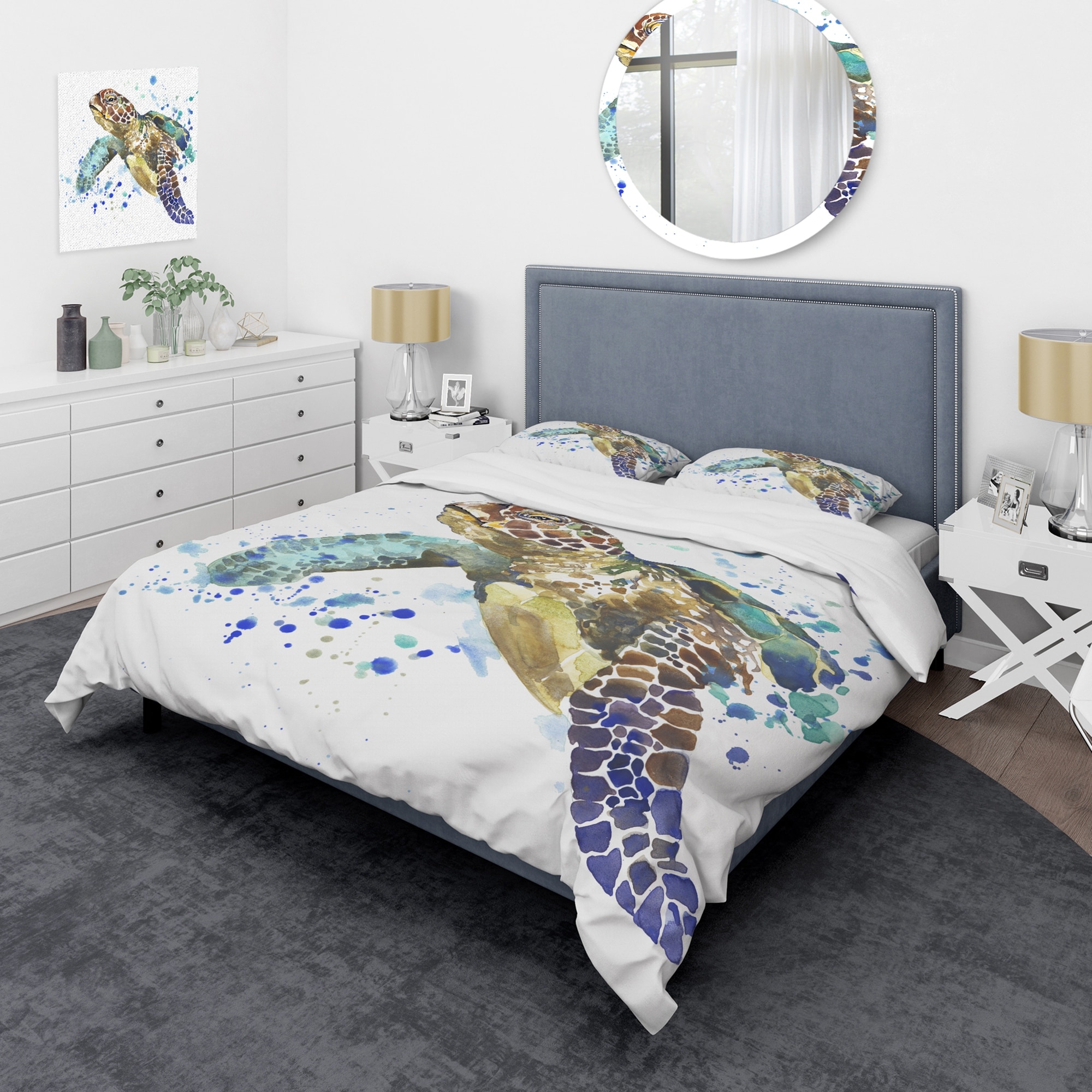 Designart 'Blue Sea Turtle Illustration' Nautical & Coastal Bedding Set - Duvet Cover & Shams
