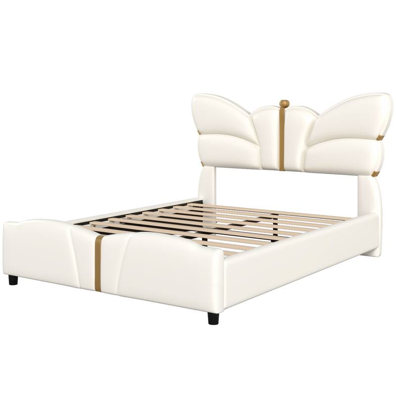 Bedroom Platform Bed Frame with Butterfly-Shaped Headboard, PU Leather Upholstered Bed with Gold Accents