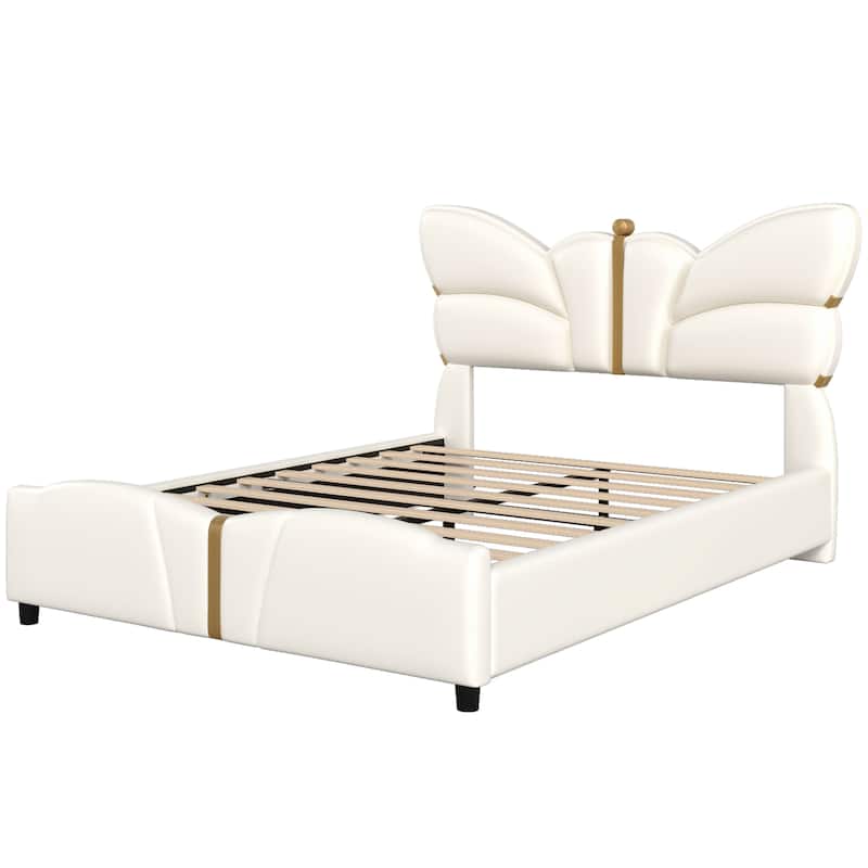 Roomfitters Full Size Upholstered Platform Bed Frame with Butterfly Headboard, Faux Leather, Gold Accent Trim