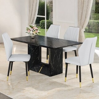63" Black Marble Dining Set with 4 Light Gray PU Chairs & Golden Metal ...