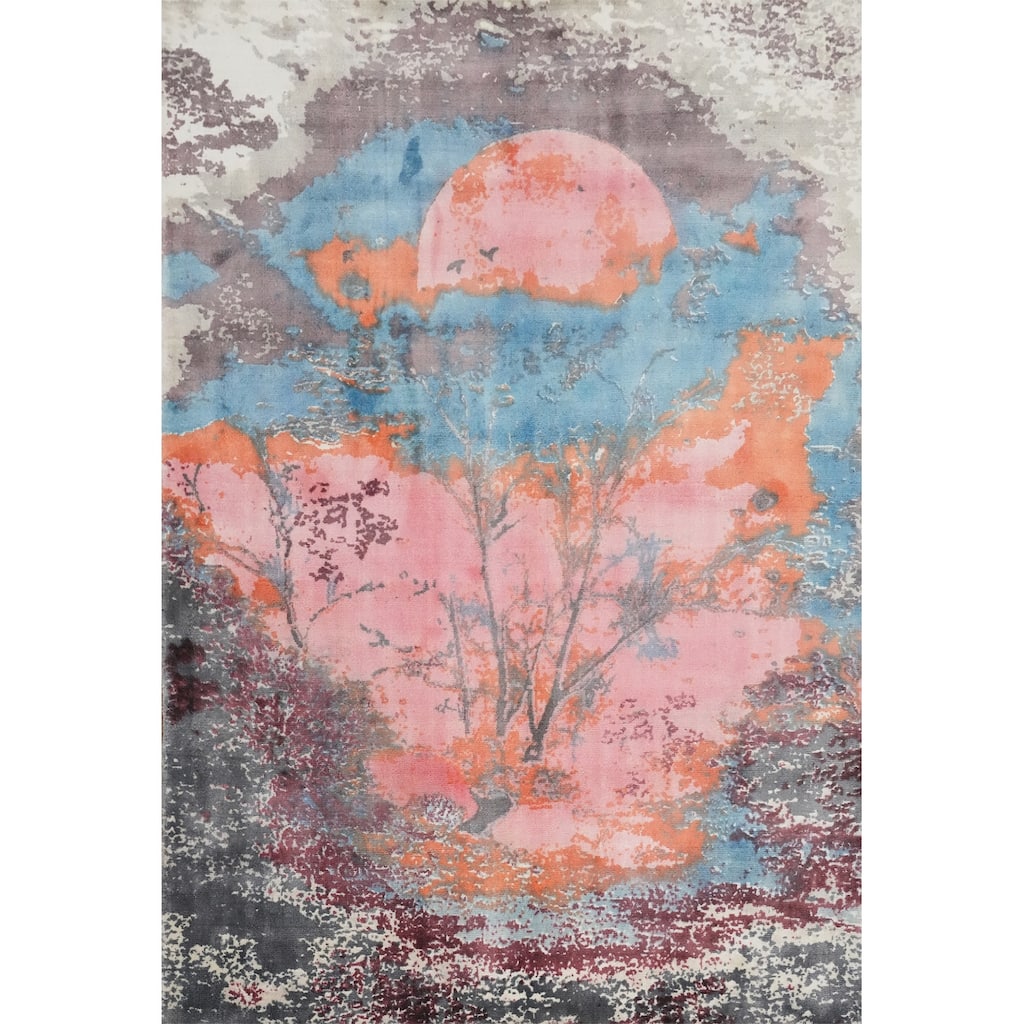 Hand Knotted Oriental Viscose Silk Carpet Modern Pictorial Multi-Colored Abstract Area Rug - 7' 2'' X 5' 4''