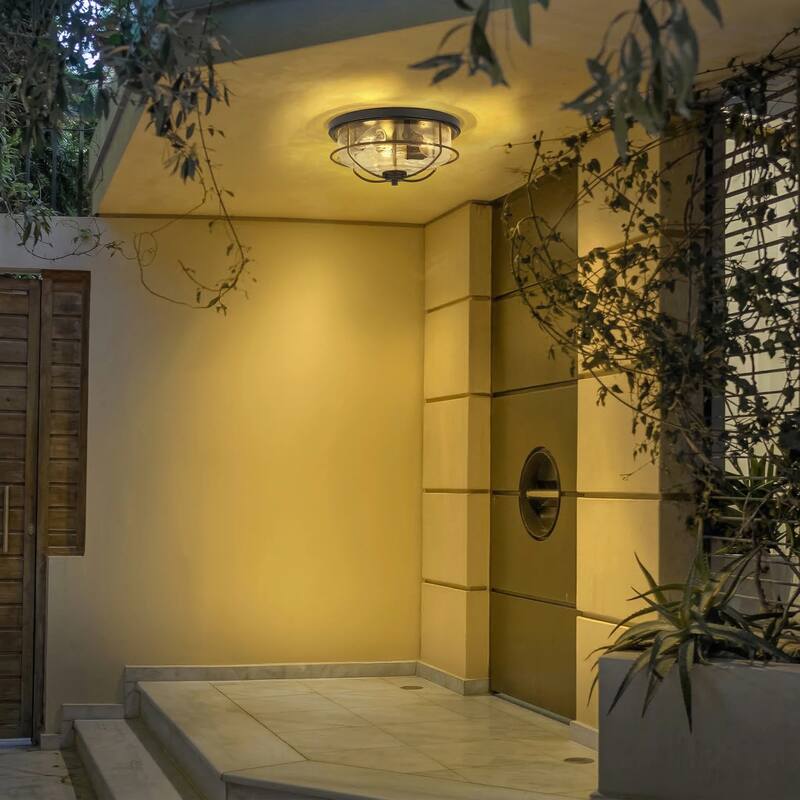 Flush Mount Ceiling Light Industrial Farmhouse Fixture with Seeded Glass Shade