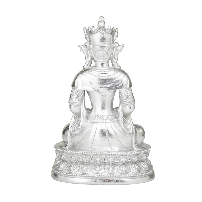 Silver Resin Bohemian Buddha Sculpture with Engraved Carvings and Relief Detailing
