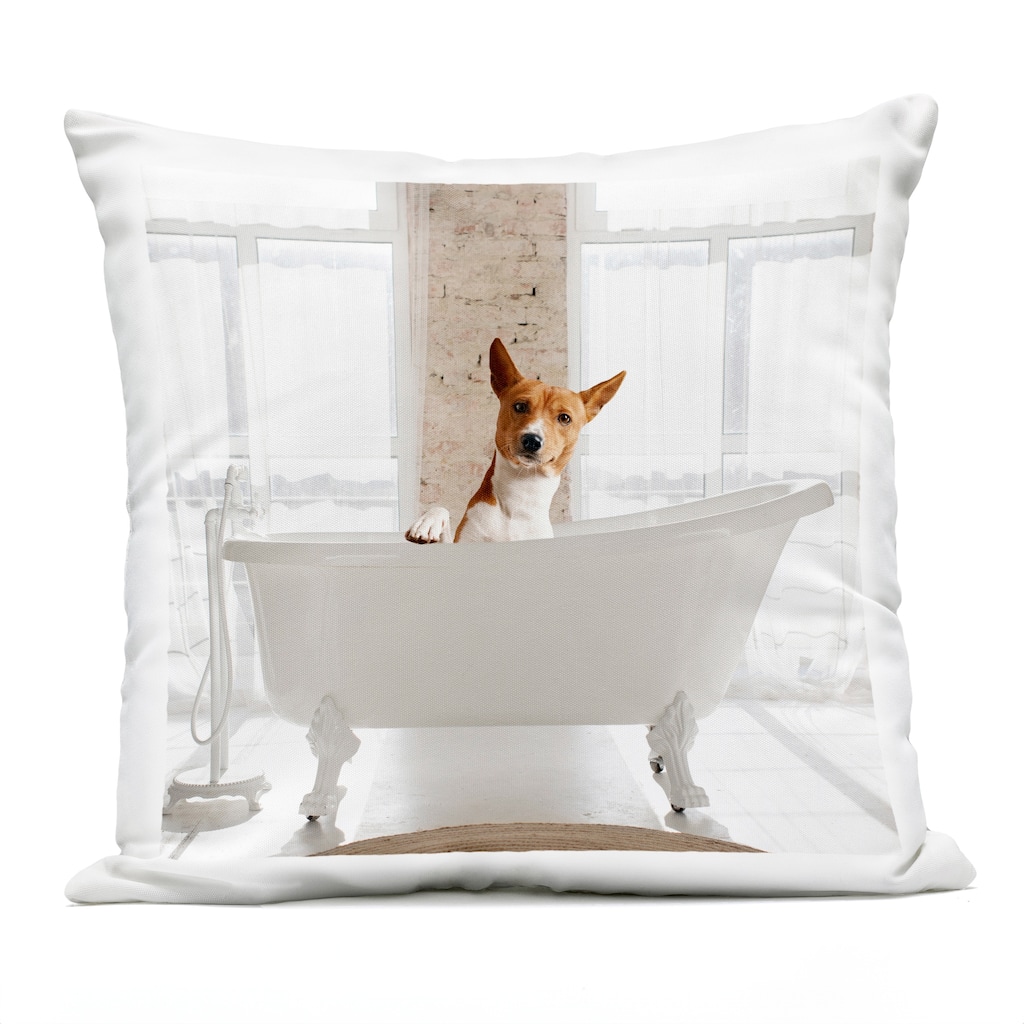 Stupell Happy Dog in Bathroom Tub Printed Outdoor Throw Pillow Design by CAD Designs