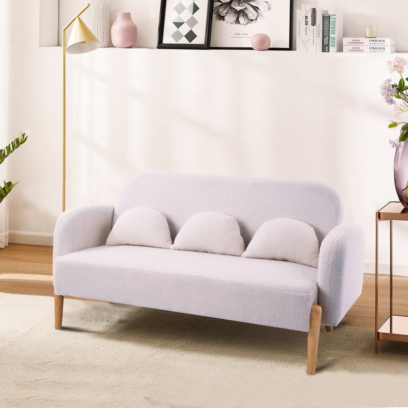 59.1" Square Arm Teddy Velvet Pink Sofa With Three Lumbar Pillows（New）