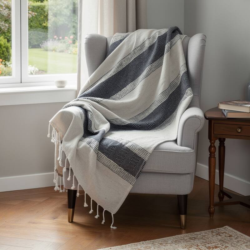 HomeRoots 50" X 60" Blue And Ivory Cotton Woven Striped Throw Blanket with Fringe - Throw - Blue/Ivory