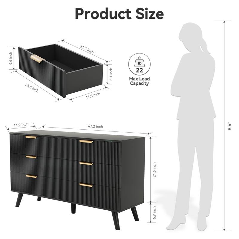 Gymojoy Fluted 6 Drawer Dresser with Gold Metal Handles, Modern Chest of Drawers for Living Room, Bedroom, Apartment