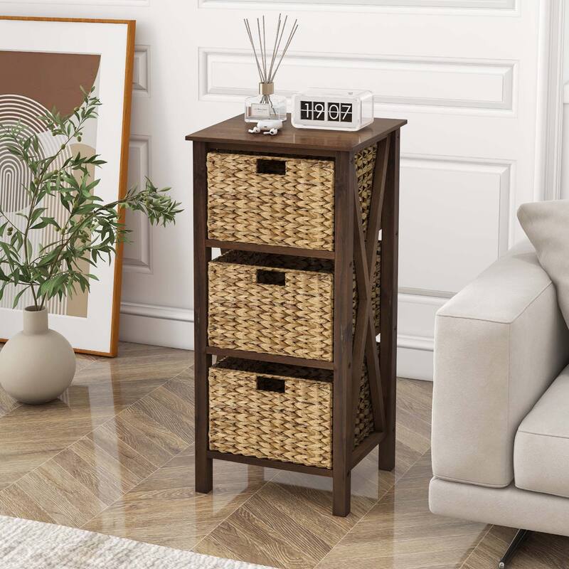Costway 1/2 PCS 3-Tier Nightstand with 3 Seagrass Baskets Rubber Wood