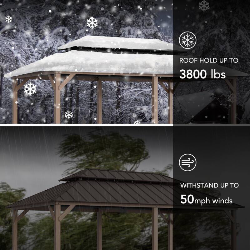 Sunjoy 12x20 ft. Wood Gazebo, Outdoor Patio Steel Hardtop Gazebo, Cedar Framed Wooden Gazebo with 2-tier Metal Roof