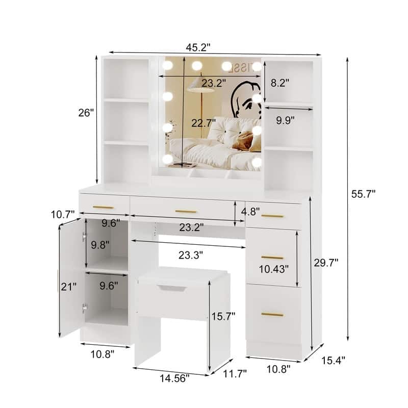 55.7" Dressing Table with LED Lights, Storage Shelves & Stool, Drawers