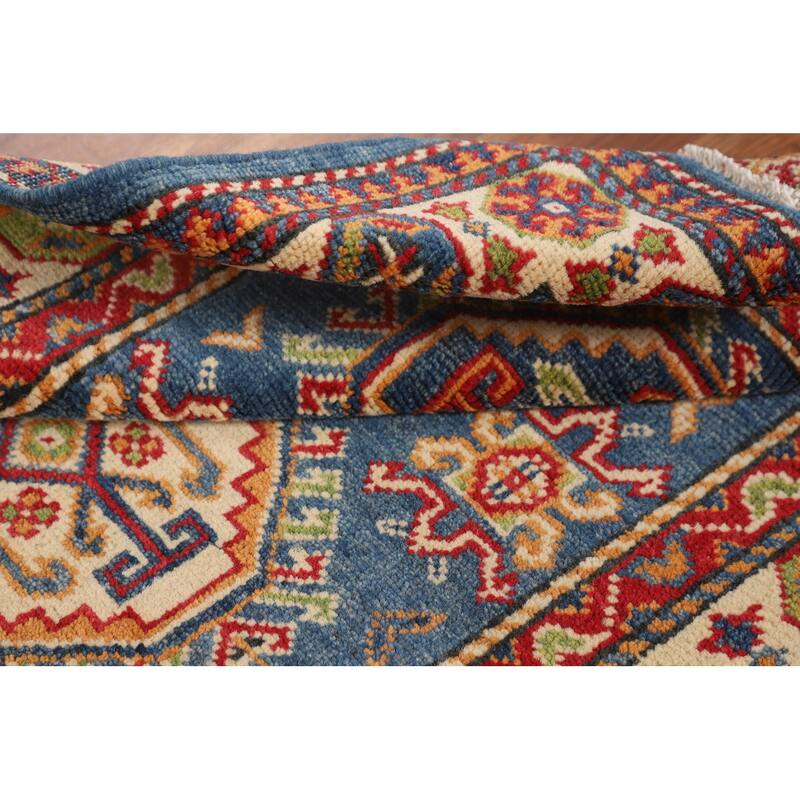 Blue Geometric Kazak Foyer Rug Handmade Bedroom Wool Carpet - 2'7" x 4'1"