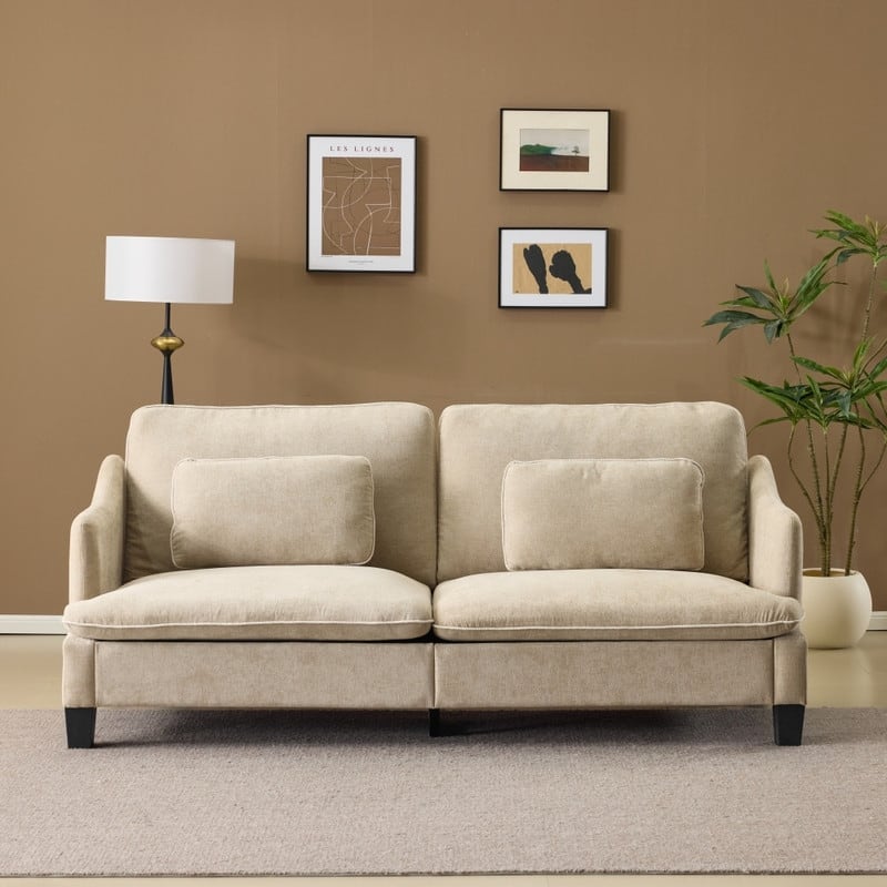 Transitional Loveseat Piped T-Cushions & Linen Blend - Khaki