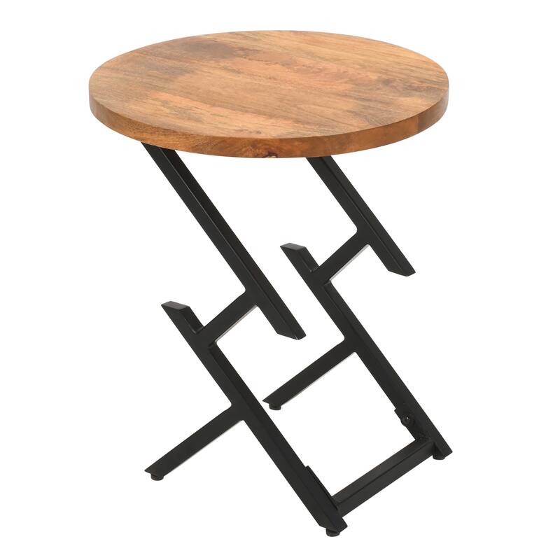 23 Inch Side End Table, Natural Brown Round Wood Top, Modern Black Angled Iron Legs