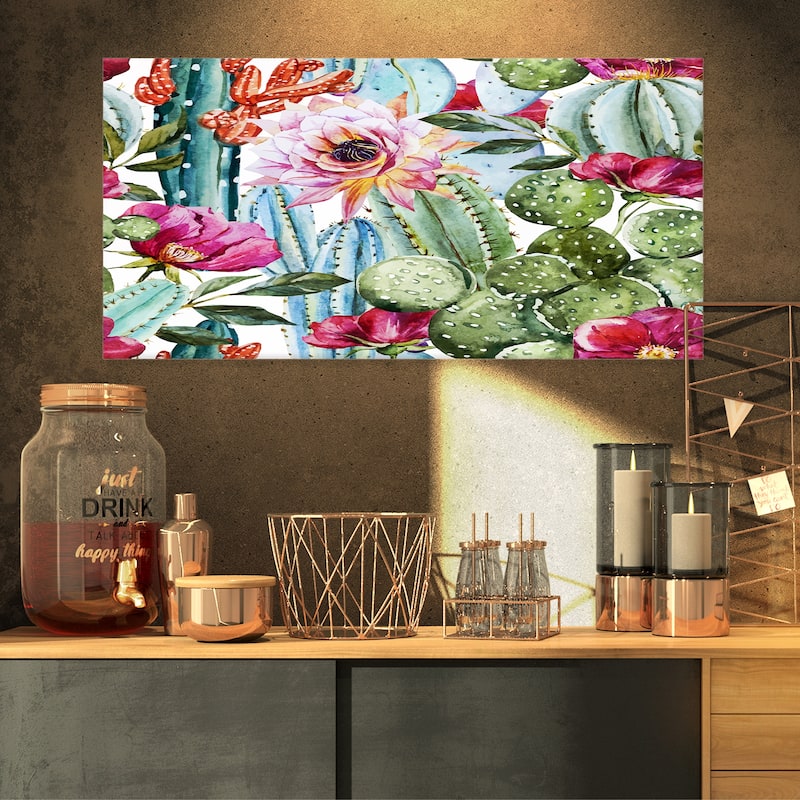 Cactus Pattern Watercolor' Floral Digital Art Canvas Print - Green - 32 in. wide x 16 in. high