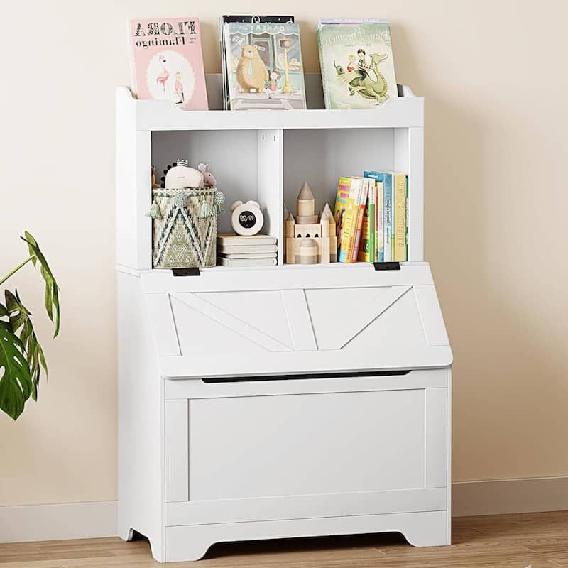 Kids Bookshelf and Toy Storage Organizer with Flip-top Lid - White