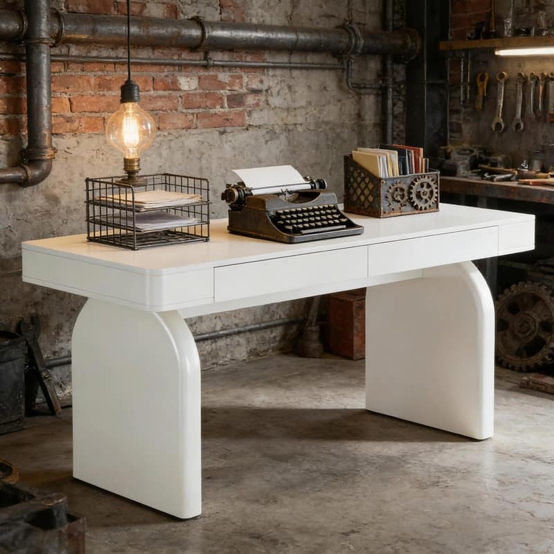 63" Modern White Office Desk with 2 Drawers and Sturdy U-Shaped Legs
