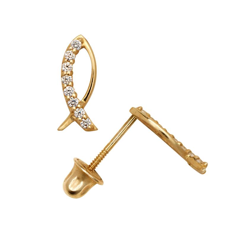 Curata 14k Gold Cubic Zirconia Christian Jesus Fish Ichtys Screw Back Stud Earrings - Orange - Yellow