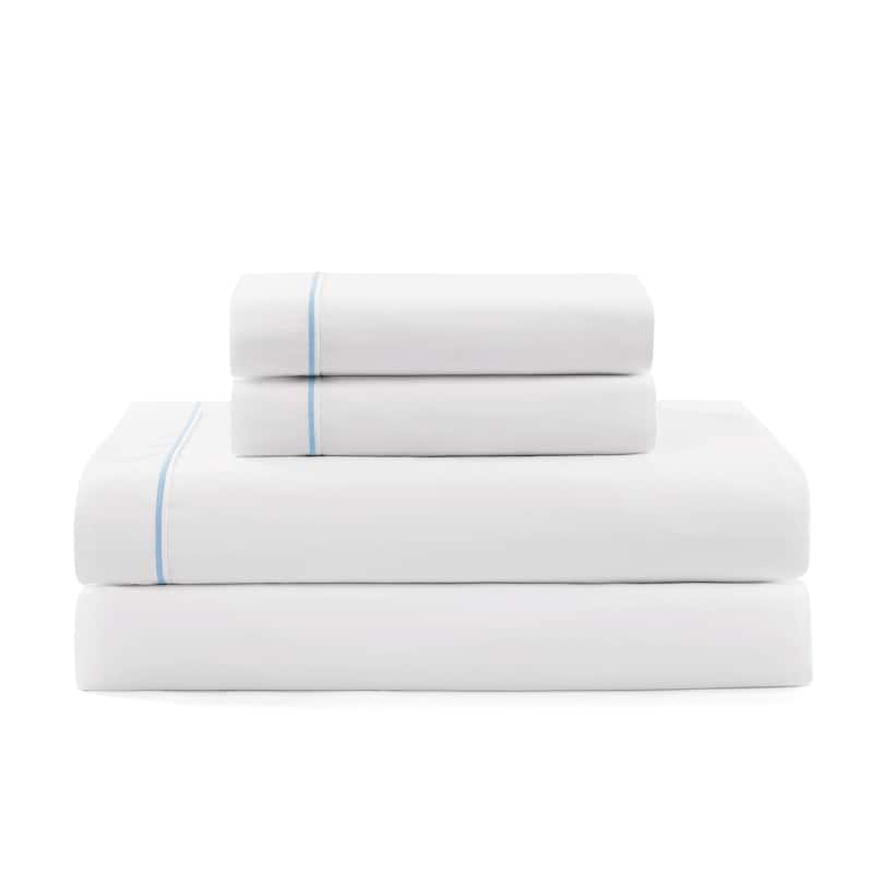 Tommy Hilfiger Hem Stripe Solid Cotton Sheet Set - White/Blue - Twin XL
