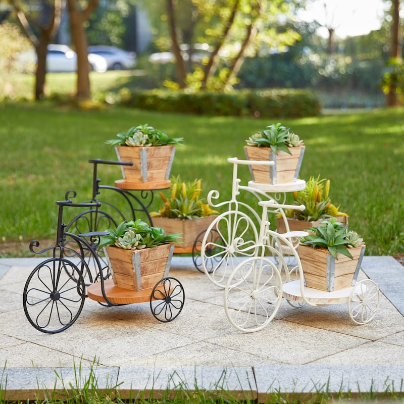 Glitzhome 24"L Spring Metal Tricycle Planter Stands Flower Pot Cart with Wood Trays
