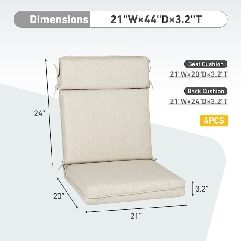 Aoodor Outdoor High Back Dining Chair Cushion Set, 44"x21"x3.2", Set of 4 - 44"x21"x3.2"