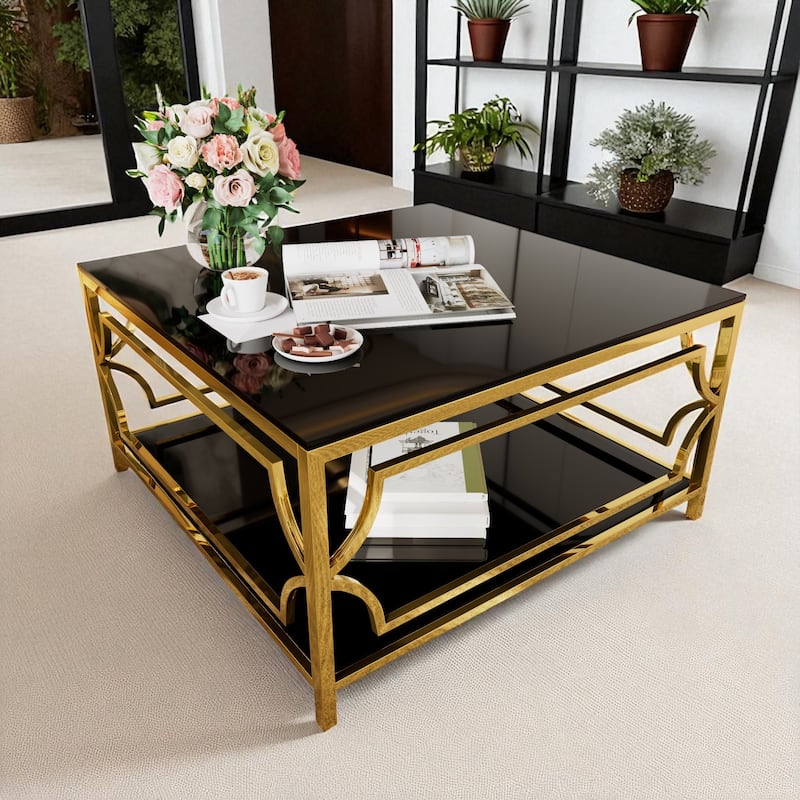 Square Glass Coffee Table 33.5" with Gold Geometric Metal Frame and Lower Shelf, Modern Accent Furniture - Black