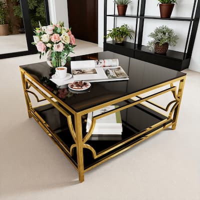 Square Glass Coffee Table 33.5" with Gold Geometric Metal Frame and Lower Shelf, Modern Accent Furniture
