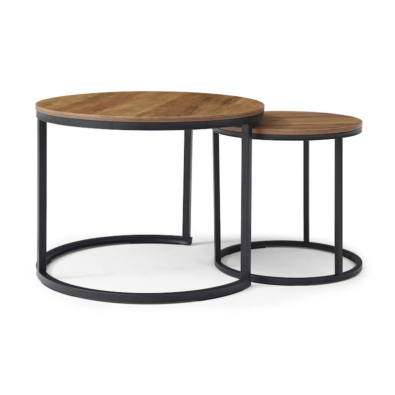 Modern Round Coffee Table with Wood Top and Sturdy Metal Frame (Set of 2)