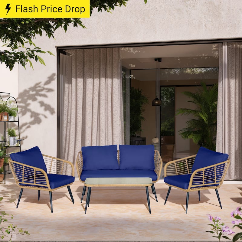 4-Piece Outdoor Patio Furniture Set with Cushions & Tempered Glass Table, Rattan Bistro Set for Garden, Porch, Backyard - 53.94" W x 28.54" D x 28.35" H - Blue