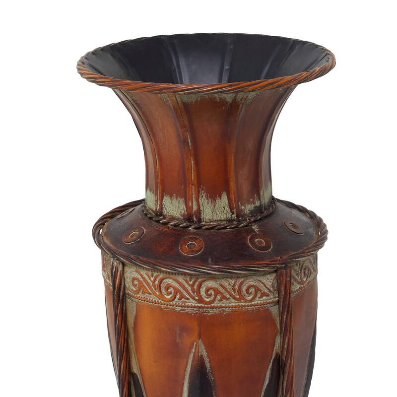 Metal Tall Vase with Attached Metal Stand and Intricate Design - Brown - Roche River Decor - 9"W x 9"L x 27"H