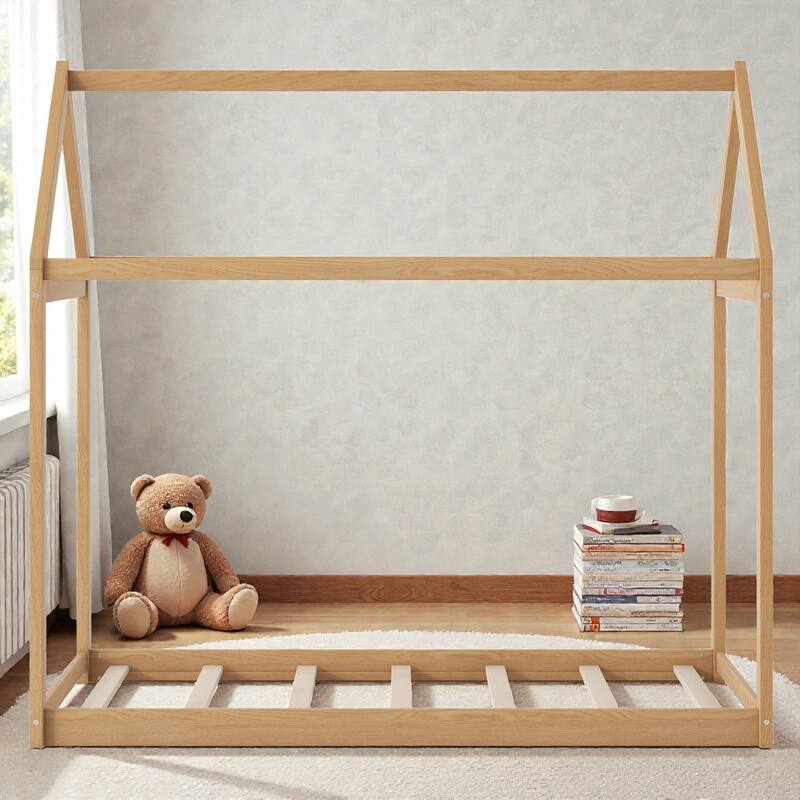 Twin Size Wooden House Bed Frame for Kids, Pine Wood Playhouse Bed with Roof Design, No Box Spring Needed