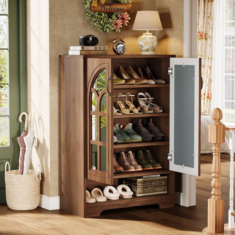 5-Tier Shoe Storage Cabinet with Mirrored Doors for Entryway