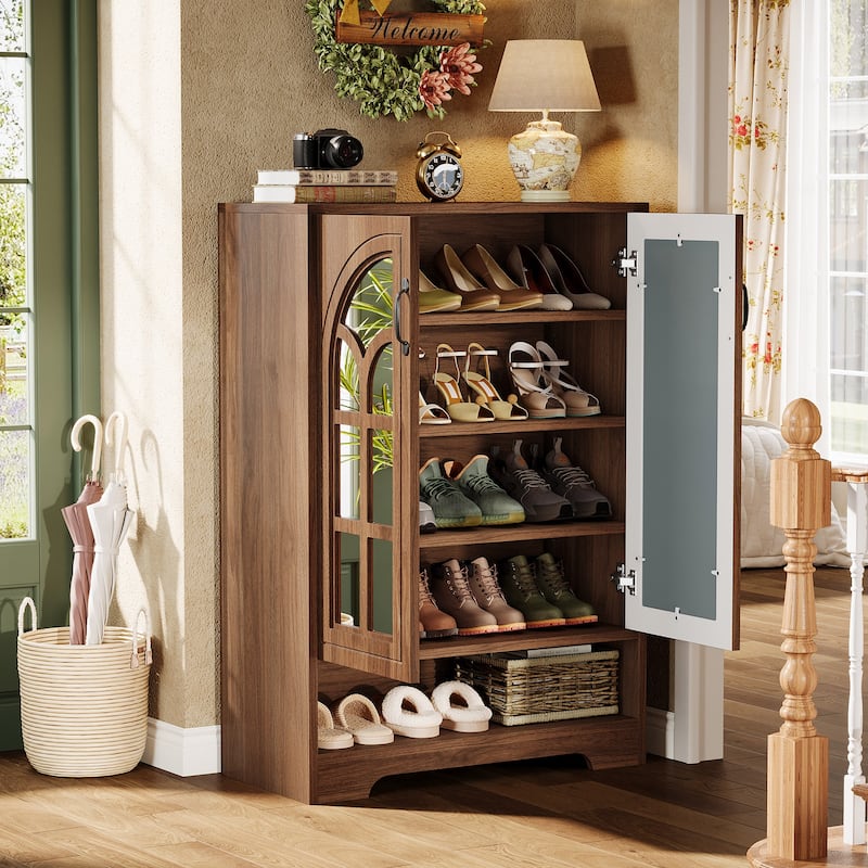 Shoe Cabinet with Mirrored Doors, 5-Tier Shoe Storage Organizer