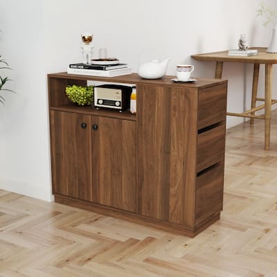 39.37" Kitchen Cabinet Sideboard Storage with 2 Glass Sliding Doors and 3 Drawers