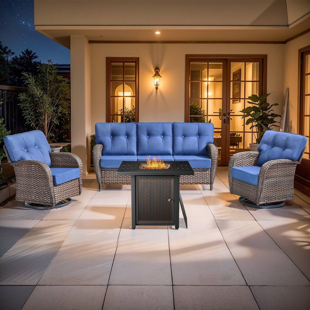 Pocassy Outdoor 30 In Fire Table with Sofa Swivel Chair Set