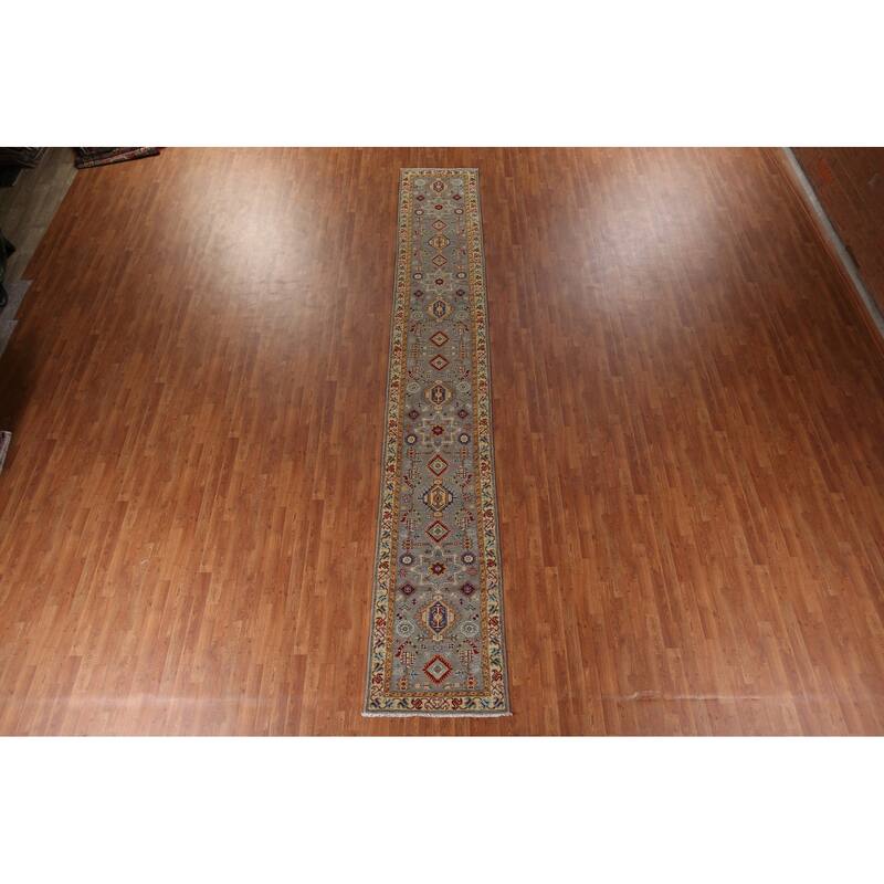 Geometric Kazak Runner Rug Hand-Knotted Grey Wool Carpet - 2'7" x 16'3"