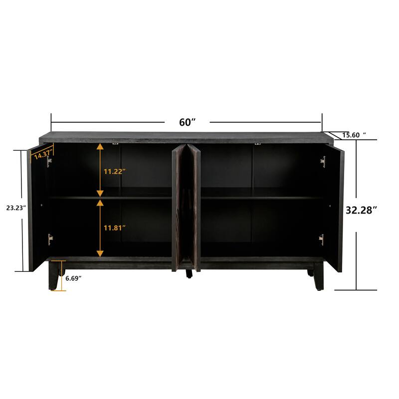 Mid Century Sideboard Buffet Cabinet With Solid Wood Legs 60" Kitchen Storage Cabinet Credenza