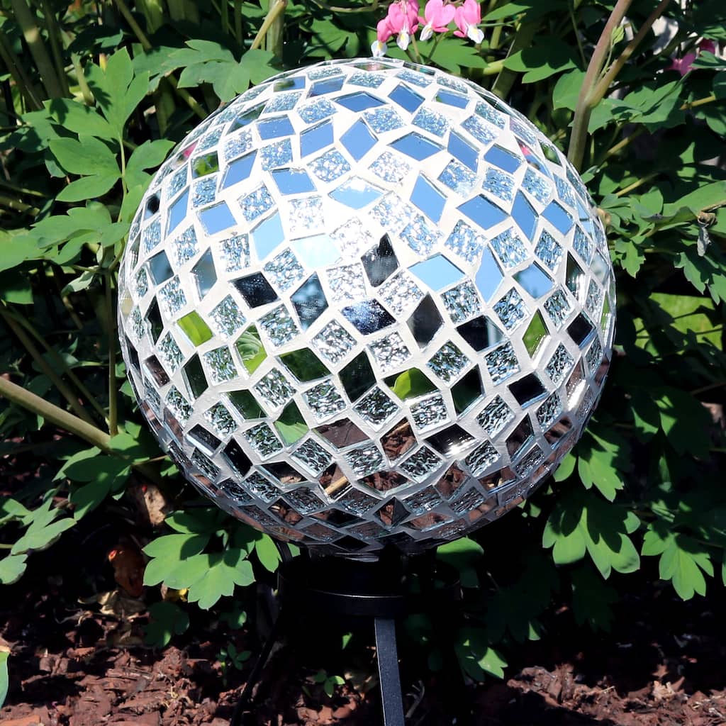 Round Mirrored Diamond Mosaic Outdoor Garden Gazing Globe Ball - 10" - Single