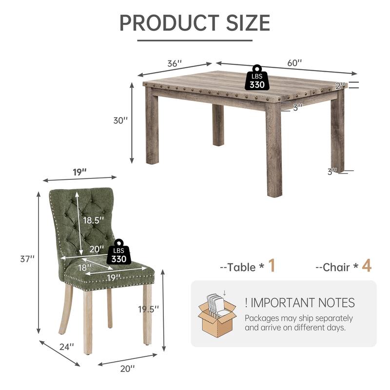 Mordern Fort Vintage Dining Table Set, Tufted Upholstered Chairs with Studded Trim