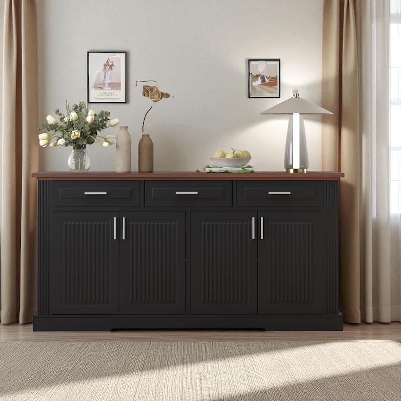 63" Fluted Sideboard Buffet Cabinet, Farmhouse Kitchen Storage Credenza with 4 Doors & 3 Drawers, Coffee Bar Console Table - Black