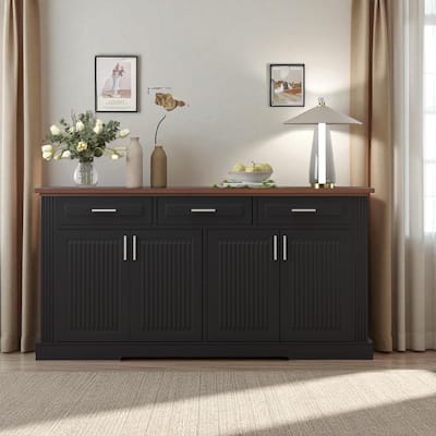 63" Fluted Sideboard Buffet Cabinet, Farmhouse Kitchen Storage Credenza with 4 Doors & 3 Drawers, Coffee Bar Console Table